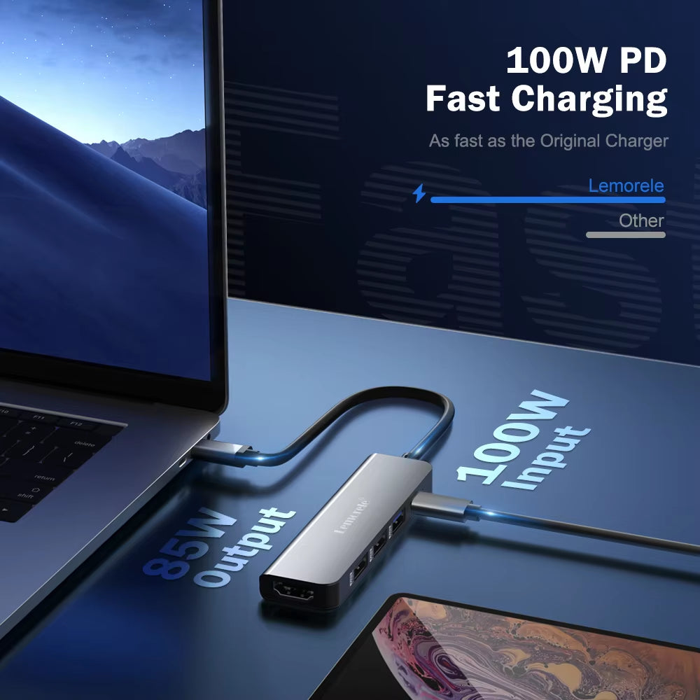 5 Ports TC101 USB HUB to HDMI 4K30Hz Display USB C HUB 3.0 5Gbps High Speed Power 100W for Macbook Ipad M1 M2