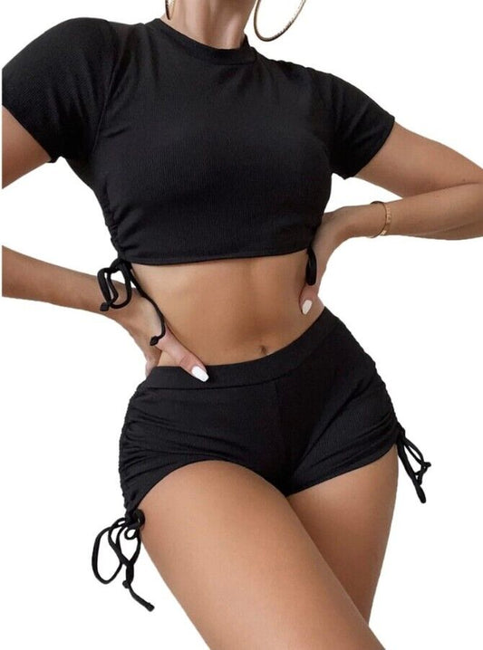 Women'S Shorts Sporty Two Piece Set Workout, Gym Tummy Control Black Size M