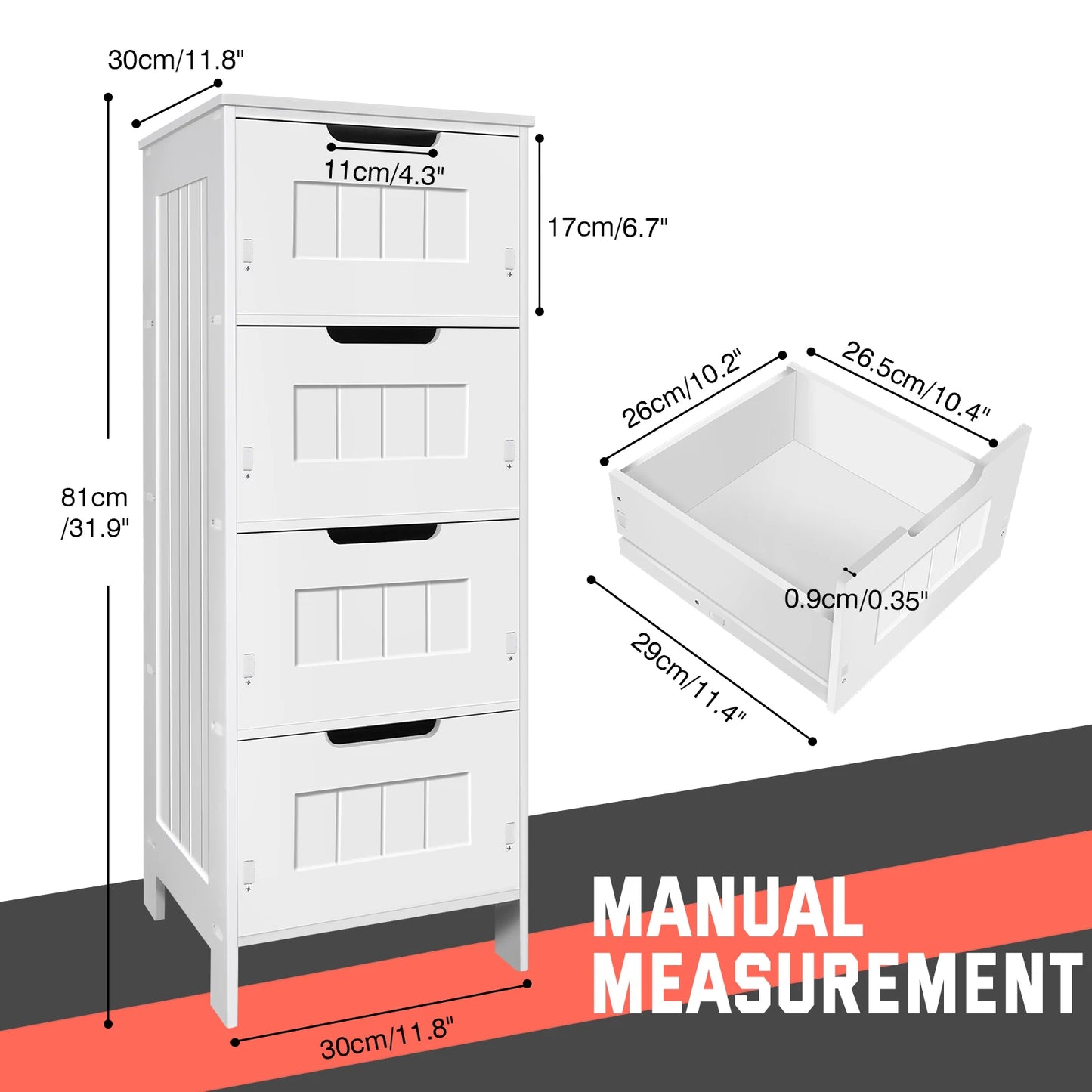 White Bathroom Cabinet Free Standing 4 Tier Floor Standing Bathroom with 4 Drawers PVC Storage Cupboard Unit Storage Waterproof