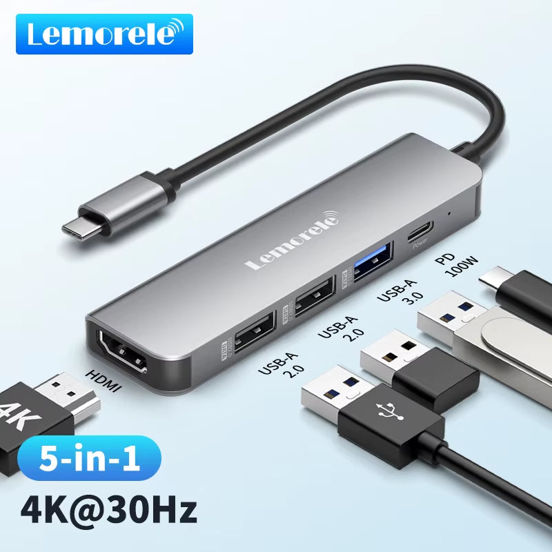 5 Ports TC101 USB HUB to HDMI 4K30Hz Display USB C HUB 3.0 5Gbps High Speed Power 100W for Macbook Ipad M1 M2