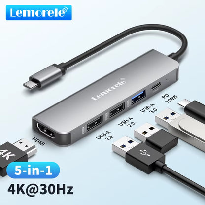 5 Ports TC101 USB HUB to HDMI 4K30Hz Display USB C HUB 3.0 5Gbps High Speed Power 100W for Macbook Ipad M1 M2