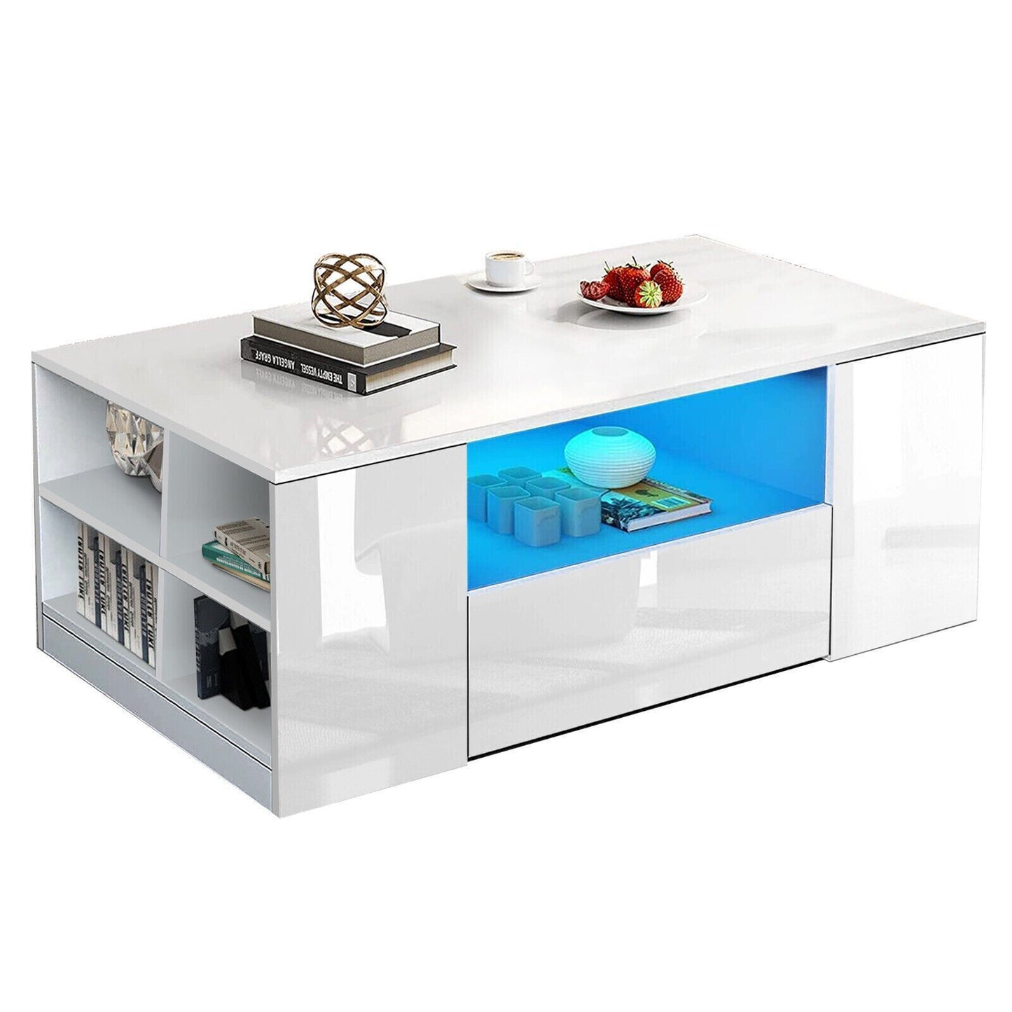 Wooden LED Coffee Table with Storage 2 Drawers Living Room Furniture High Gloss