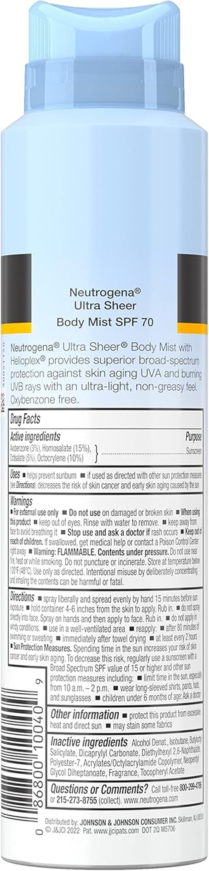 Ultra Sheer Body Mist Sunscreen Spray Broad Spectrum SPF 70, Lightweight, Non-Greasy & Water Resistant, Oil-Free & Non-Comedogenic UVA/UVB Sunscreen Mist, 5 Oz (Pack of 3)