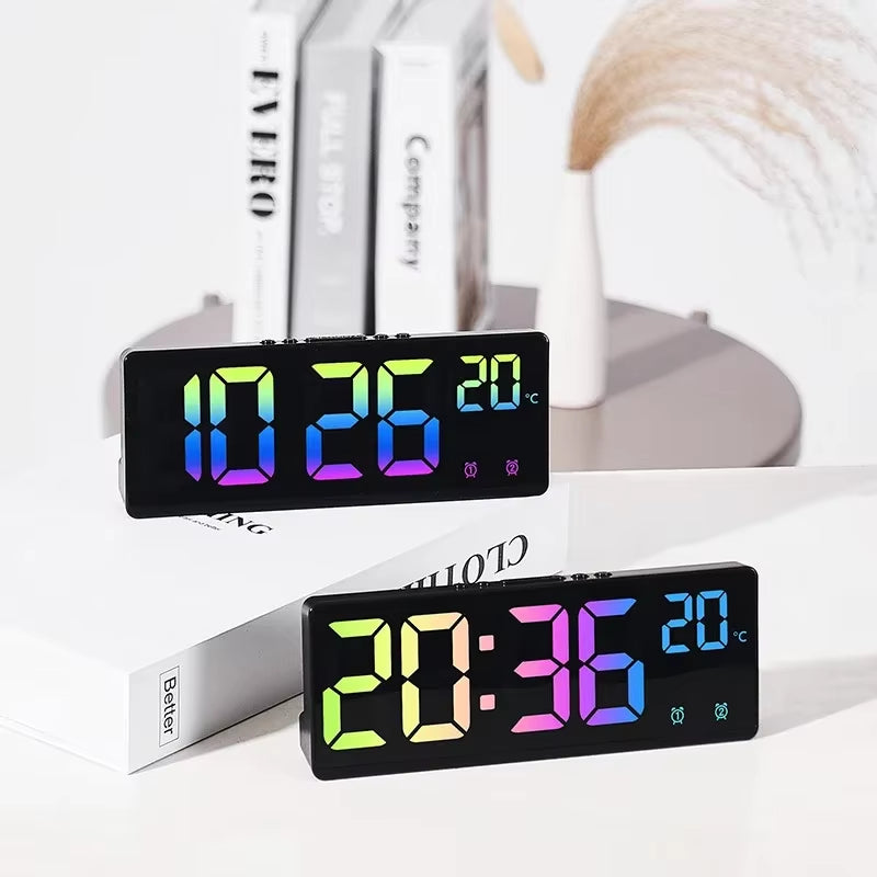 2024 Colorful Digital Alarm Clock Voice Control Temperature Date Dual Alarm Snooze Table Clock Night Mode 12/24H LED Clock Watch