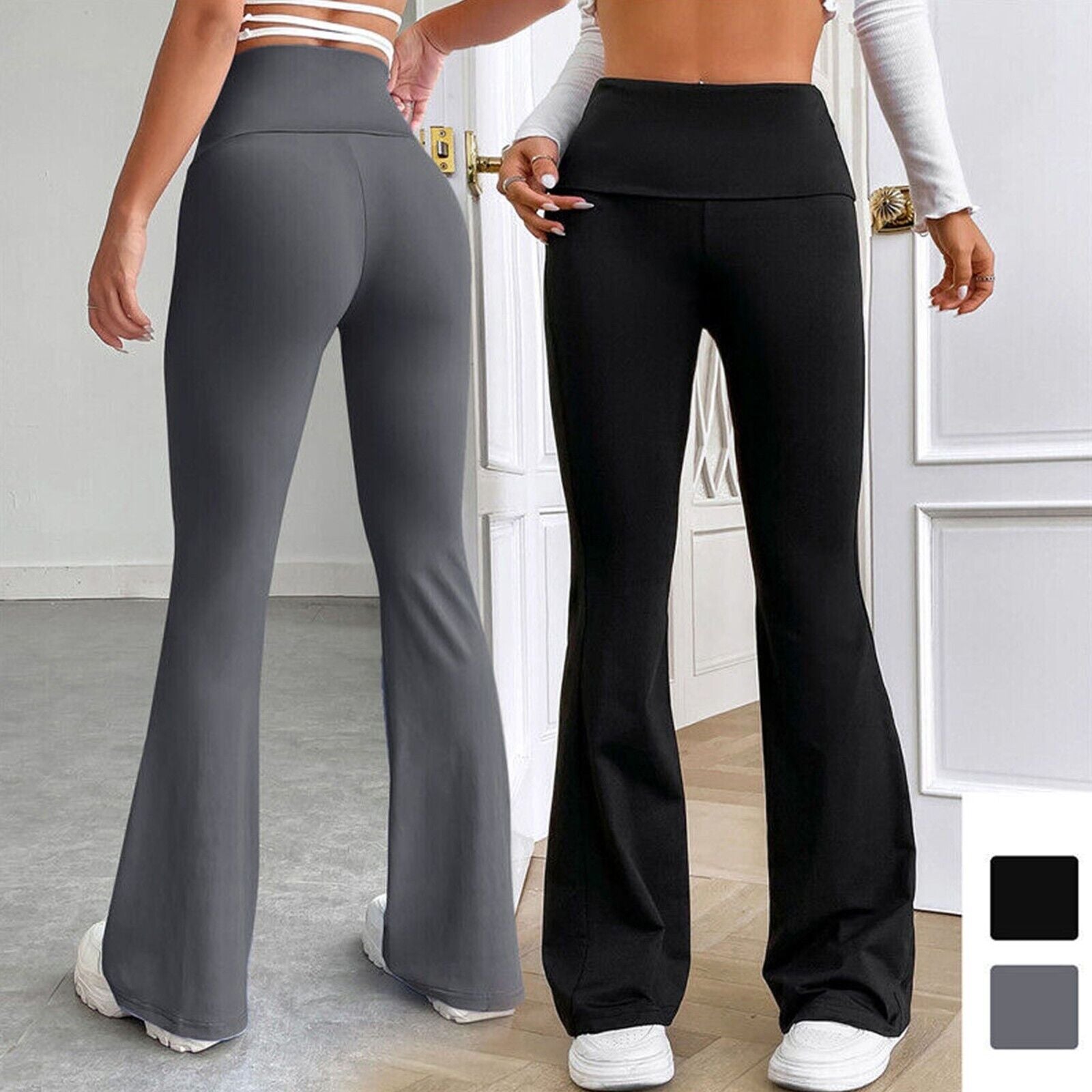 Womens High Waist Leggings Ladies Palazzo Flare Stretch Yoga Running Trousers