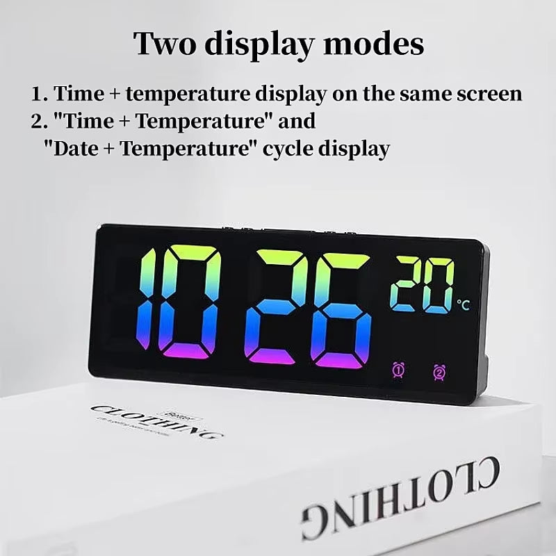 2024 Colorful Digital Alarm Clock Voice Control Temperature Date Dual Alarm Snooze Table Clock Night Mode 12/24H LED Clock Watch